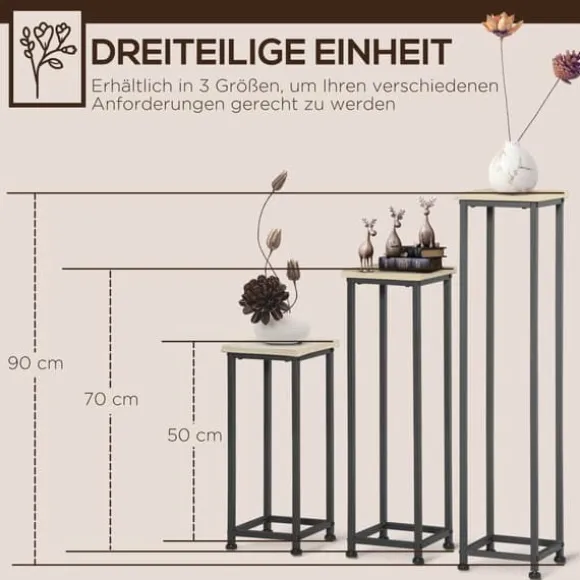 Planteholder sæt 3-delt blomsterborde & potteholdere stål sort/natur til have/altan