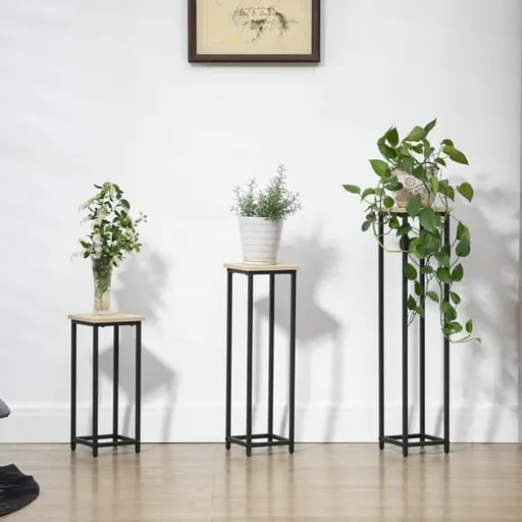 Planteholder sæt 3-delt blomsterborde & potteholdere stål sort/natur til have/altan