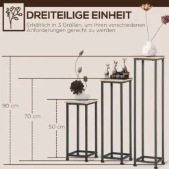 Planteholder sæt 3-delt blomsterborde & potteholdere stål sort/natur til have/altan