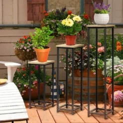 Planteholder sæt 3-delt blomsterborde & potteholdere stål sort/natur til have/altan