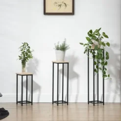 Planteholder sæt 3-delt blomsterborde & potteholdere stål sort/natur til have/altan