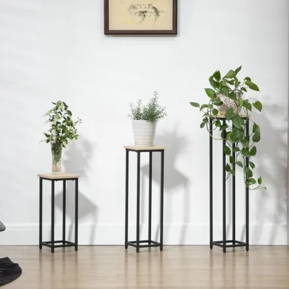 Planteholder sæt 3-delt blomsterborde & potteholdere stål sort/natur til have/altan