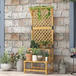 Planteholder træ 2 niveauer med espalier 60x50x166 cm gul til have/terrasse