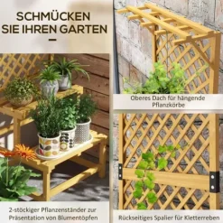 Planteholder træ 2 niveauer med espalier 60x50x166 cm gul til have/terrasse