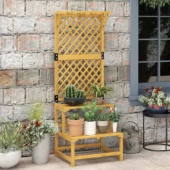 Planteholder træ 2 niveauer med espalier 60x50x166 cm gul til have/terrasse