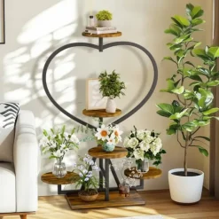 Plantehylde - Blomsterreol - 5-etagers metal - Hjerteform - Til altan og have - Samling kræves - Sort