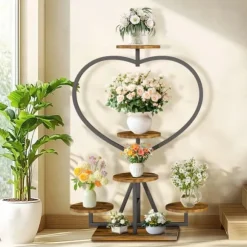 Plantehylde - Blomsterreol - 5-etagers metal - Hjerteform - Til altan og have - Samling kræves - Sort