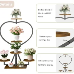 Plantehylde - Blomsterreol - 5-etagers metal - Hjerteform - Til altan og have - Samling kræves - Sort
