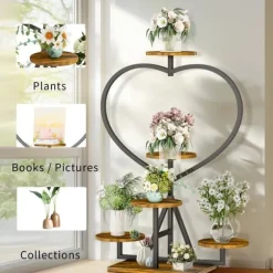 Plantehylde - Blomsterreol - 5-etagers metal - Hjerteform - Til altan og have - Samling kræves - Sort