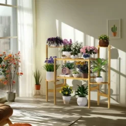 Plantehylde - Hjørnestativ i bambus med 6 niveauer - Str. L - Til blomsterkrukker inde/ude - Pladsbesparende - Gul