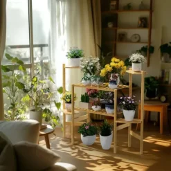 Plantehylde - Hjørnestativ i bambus med 6 niveauer - Str. L - Til blomsterkrukker inde/ude - Pladsbesparende - Gul