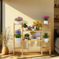 Plantehylde - Hjørnestativ i bambus med 6 niveauer - Str. L - Til blomsterkrukker inde/ude - Pladsbesparende - Gul