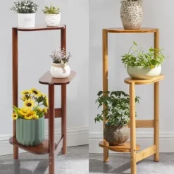 Plantehylde i træ - Hjørnemodel 3 niveauer - Til blomsterkrukker - Inde/ude - Naturligt træ - Brun
