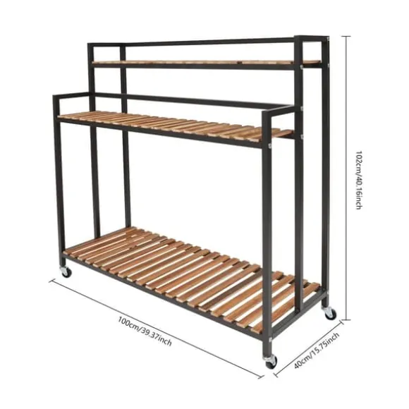 Plantehylde, 3-lags design, flytbar med universelle hjul,sort