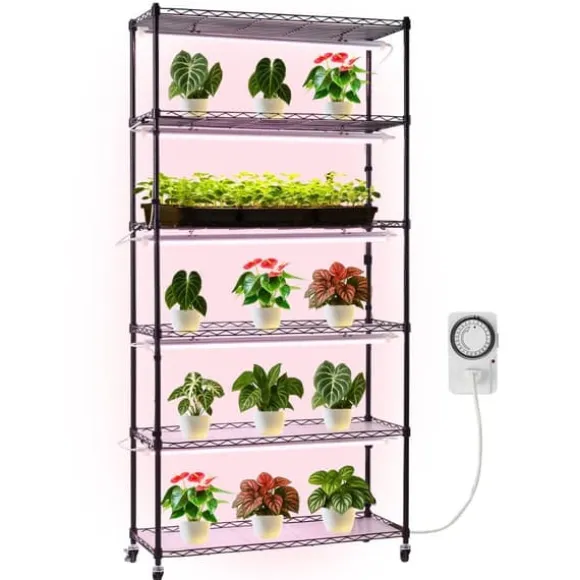 Plantehylde med vækstlampe - 6-lags plantestativ - Højde 180 cm - Hjul - Timer - Vækstlys 150 W 3800K fuldspektrum - Metal stativ - Til frøopstart