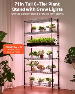 Plantehylde med vækstlampe - 6-lags plantestativ - Højde 180 cm - Hjul - Timer - Vækstlys 150 W 3800K fuldspektrum - Metal stativ - Til frøopstart