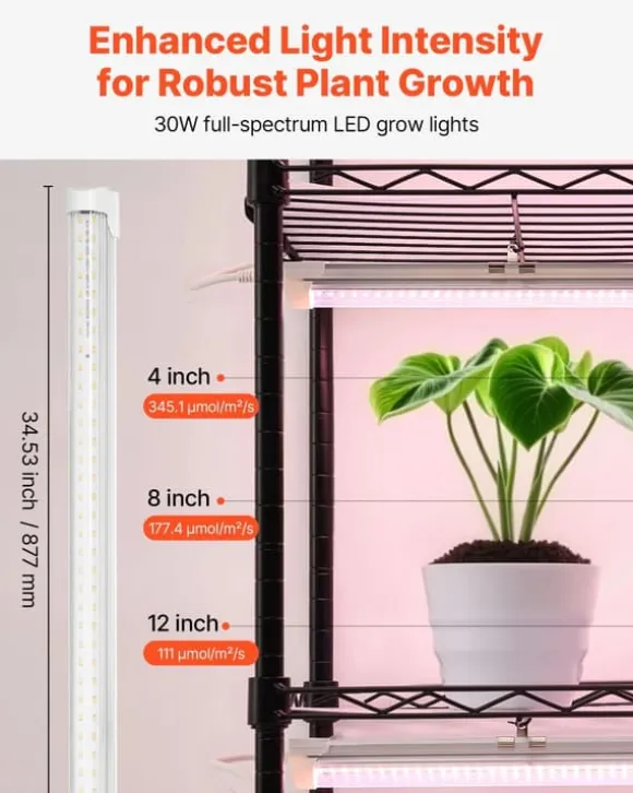 Plantehylde med vækstlampe - 6-lags plantestativ - Højde 180 cm - Hjul - Timer - Vækstlys 150 W 3800K fuldspektrum - Metal stativ - Til frøopstart