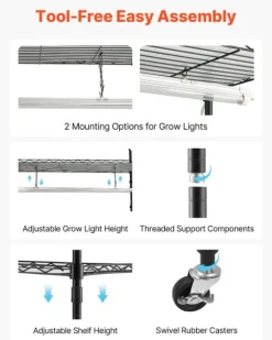 Plantehylde med vækstlampe - 6-lags plantestativ - Højde 180 cm - Hjul - Timer - Vækstlys 150 W 3800K fuldspektrum - Metal stativ - Til frøopstart