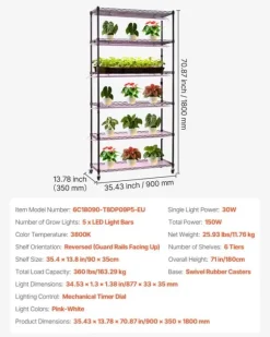 Plantehylde med vækstlampe - 6-lags plantestativ - Højde 180 cm - Hjul - Timer - Vækstlys 150 W 3800K fuldspektrum - Metal stativ - Til frøopstart