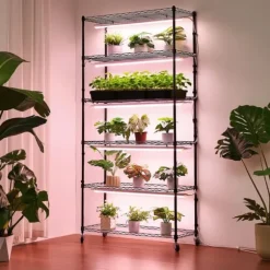 Plantehylde med vækstlampe - 6-lags plantestativ - Højde 180 cm - Hjul - Timer - Vækstlys 150 W 3800K fuldspektrum - Metal stativ - Til frøopstart