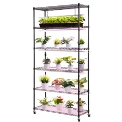 Plantehylde med vækstlampe - 6-lags plantestativ - Højde 180 cm - Hjul - Timer - Vækstlys 150 W 3800K fuldspektrum - Metal stativ - Til frøopstart