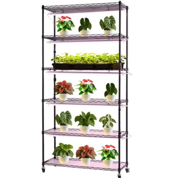 Plantehylde med vækstlampe - 6-lags plantestativ - Højde 180 cm - Hjul - Timer - Vækstlys 150 W 3800K fuldspektrum - Metal stativ - Til frøopstart