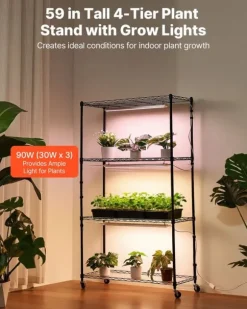 Plantehylde Med Vækstlampe - Indendørs Plantestativ - 4 Niveauer - 150 cm Højt - Med Hjul - 90 W 3-Farvet Fuldspektrum - Til Frøspiring