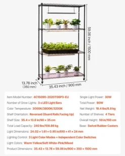 Plantehylde Med Vækstlampe - Indendørs Plantestativ - 4 Niveauer - 150 cm Højt - Med Hjul - 90 W 3-Farvet Fuldspektrum - Til Frøspiring