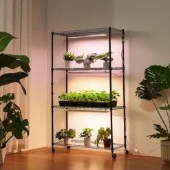 Plantehylde Med Vækstlampe - Indendørs Plantestativ - 4 Niveauer - 150 cm Højt - Med Hjul - 90 W 3-Farvet Fuldspektrum - Til Frøspiring