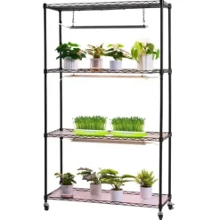 Plantehylde Med Vækstlampe - Indendørs Plantestativ - 4 Niveauer - 150 cm Højt - Med Hjul - 90 W 3-Farvet Fuldspektrum - Til Frøspiring
