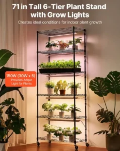 Plantehylde med Vækstlys - Indendørs Plantestativ 6 Etager - 180 cm Høj - Med Hjul - 150 W LED Fuldspektrum 3 Farver - Timer 4/9/14 - Til Frøspiring | CDON
