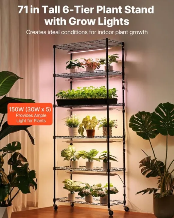 Plantehylde med Vækstlys - Indendørs Plantestativ 6 Etager - 180 cm Høj - Med Hjul - 150 W LED Fuldspektrum 3 Farver - Timer 4/9/14 - Til Frøspiring | CDON
