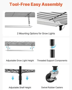 Plantehylde med Vækstlys - Indendørs Plantestativ 6 Etager - 180 cm Høj - Med Hjul - 150 W LED Fuldspektrum 3 Farver - Timer 4/9/14 - Til Frøspiring | CDON