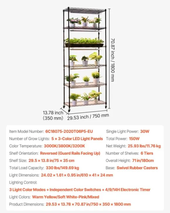 Plantehylde med Vækstlys - Indendørs Plantestativ 6 Etager - 180 cm Høj - Med Hjul - 150 W LED Fuldspektrum 3 Farver - Timer 4/9/14 - Til Frøspiring | CDON