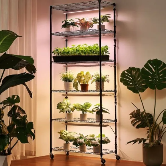 Plantehylde med Vækstlys - Indendørs Plantestativ 6 Etager - 180 cm Høj - Med Hjul - 150 W LED Fuldspektrum 3 Farver - Timer 4/9/14 - Til Frøspiring | CDON