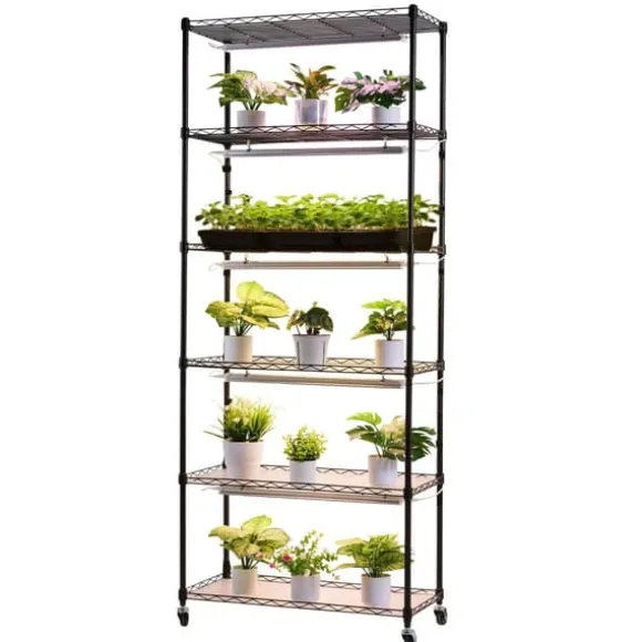 Plantehylde med Vækstlys - Indendørs Plantestativ 6 Etager - 180 cm Høj - Med Hjul - 150 W LED Fuldspektrum 3 Farver - Timer 4/9/14 - Til Frøspiring | CDON