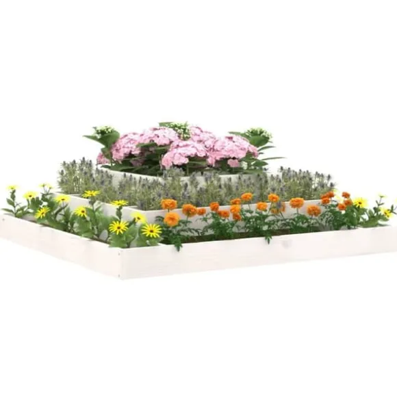 Plantekasse i massivt fyrretræ - 3 niveauer til blomster og planter | Størrelse: 110x110x27 cm | Farve: Hvid