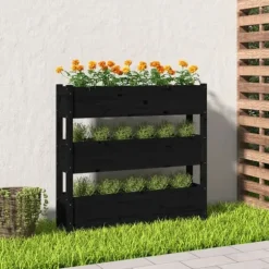 Plantekasse i massivt fyrretræ - Dekorativ til altaner | Størrelse: 112x25x104,5 cm | Farve: Sort