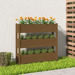 Plantekasse i massivt fyrretræ - Stabil og dekorativ | Størrelse: 112x25x104,5 cm | Farve: Gyldenbrun