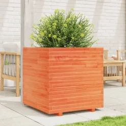 Plantekasse i massivt fyrretræ - Dekorativ til have og terrasse | Størrelse: 70x70x72 cm | Farve: Gyldenbrun