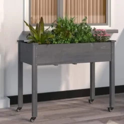 Plantekasse med foring og hjul - Massivt fyrretræ | Størrelse: 118x59x80 cm | Farve: Grå