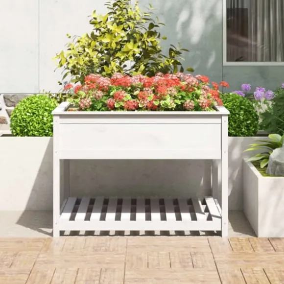 Plantekasse med hylde - Højbede i massivt fyrretræ | Størrelse: 111,5x111,5x81 cm | Farve: Hvid