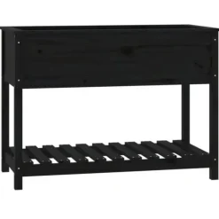 Plantekasse med hylde i massivt fyrretræ - Ergonomisk design | Størrelse: 111,5x54x81 cm | Farve: Sort