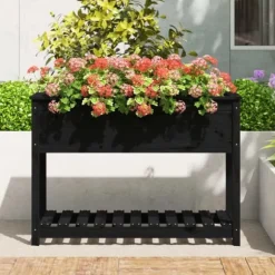 Plantekasse med hylde i massivt fyrretræ - Ergonomisk design | Størrelse: 111,5x54x81 cm | Farve: Sort