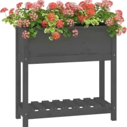 Plantekasse med hylde i massivt fyrretræ - Ergonomisk højbed | Størrelse: 82,5x34,5x81 cm | Farve: Grå