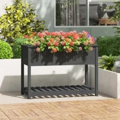 Plantekasse med hylde i massivt fyrretræ - Højbed til blomster | 111,5x54x81 cm | Farve: Grå