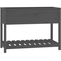 Plantekasse med hylde i massivt fyrretræ - Højbed til blomster | 111,5x54x81 cm | Farve: Grå