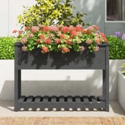 Plantekasse med hylde i massivt fyrretræ - Højbed til blomster | 111,5x54x81 cm | Farve: Grå