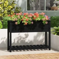 Plantekasse med hylde i massivt fyrretræ - Ergonomisk design | Størrelse: 111,5x34,5x81 cm | Farve: Sort