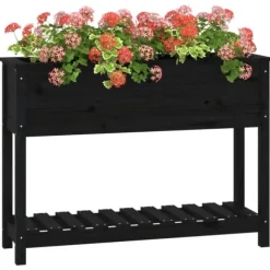 Plantekasse med hylde i massivt fyrretræ - Ergonomisk design | Størrelse: 111,5x34,5x81 cm | Farve: Sort